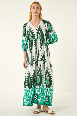Roman Green Aztec Print V-Neck Midi Dress
