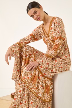 Roman Orange Border Print Maxi Dress