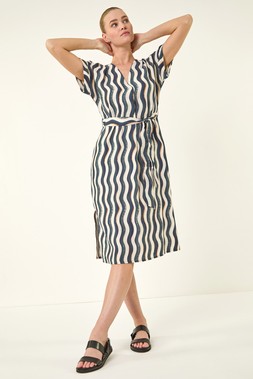 Roman Wave Print Belted Midi Dress