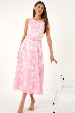 Roman Pink Floral Chiffon Pleat Neck Dress