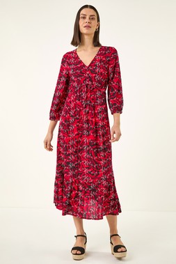 Roman Red Embroidered Leaf Midi Dress