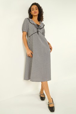 Dusk Black Gingham Frill Tie Midi Dress