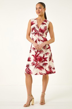 Roman Petite Wine Tropical Print Twist Front Dress