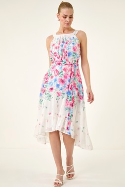 Roman Floral Print High Low Midi Dress