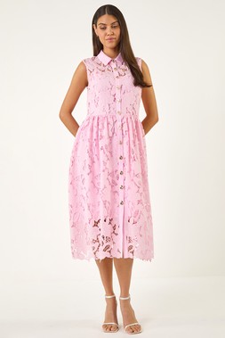Roman Crochet Lace Shirt Belted Midi Dress