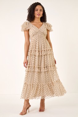Roman Ivory Polka Dot Frill Mesh Maxi Dress