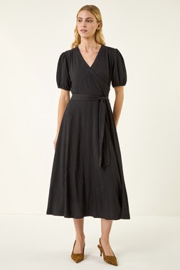 Roman Black Wrap Bodice Belted Midi Dress