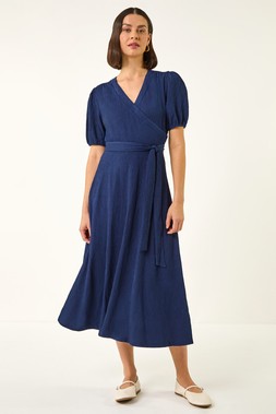 Roman Navy Wrap Bodice Belted Midi Dress