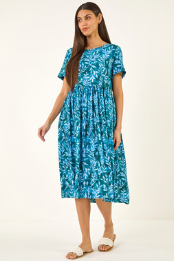 Roman Blue Leaf Print Smock Midi Dress