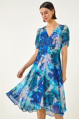 Roman Blue Floral Print Chiffon Midi Dress