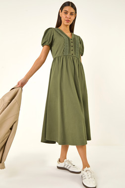Roman Khaki Cotton Crochet Trim Dress