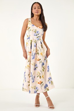 Roman Petite Ivory Floral Print Premium Stretch Midi Dress