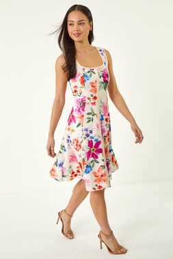 Roman Petite Pink Floral Drop Waist Midi Dress