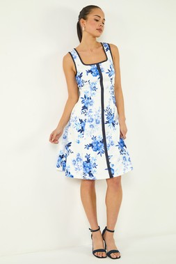 Roman Petite Navy Floral Drop Waist Midi Dress
