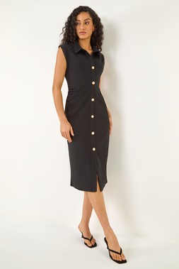 Dusk Black Collared Ribbed Midi Dress