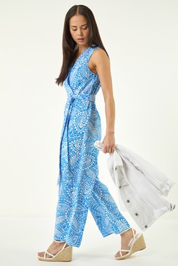 Roman Petite Blue Paisley Print Wrap Jumpsuit