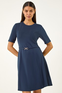 Roman Navy Belted Fit & Flare Dress