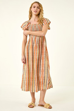 Roman Abstract Stripe Shirred Midi Dress