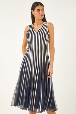 Roman Navy Ribbon Mesh Midi Dress