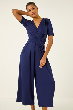 Roman Navy Wrap Bodice Belted Jumpsuit