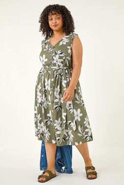 Roman Curve Floral Button Midi Dress
