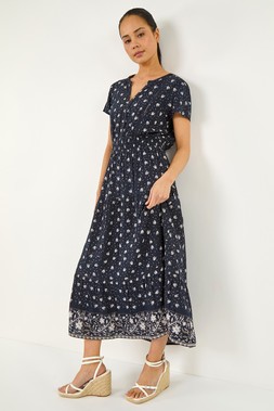 Roman Petite Navy Border Print V-Neck Dress