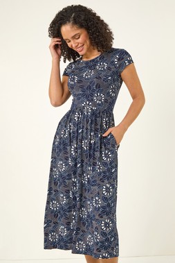 Roman Floral Print Pocket Stretch Midi Dress