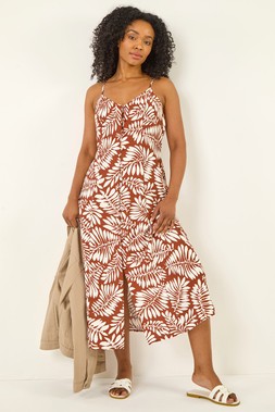 Roman Petite Rust Leaf Print Strappy Midi Dress