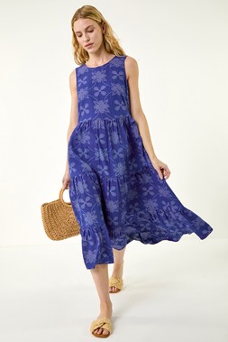 Roman Royal Blue Floral Motif Tiered Midi Dress