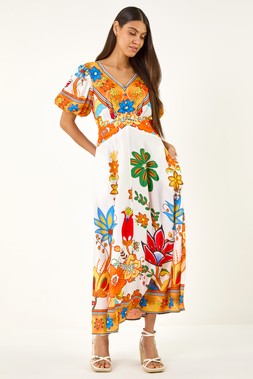 Roman Orange Floral Border Ruched Midi Dress