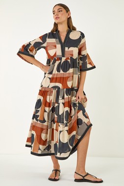 Roman Tan Geo Print Boho Maxi Dress