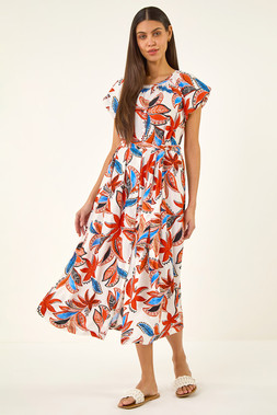 Roman Orange Leaf Print Belted Midi Dress