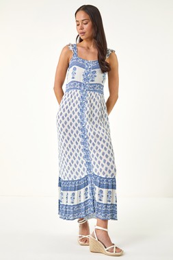 Roman Petite Blue Floral Strappy Midi Dress