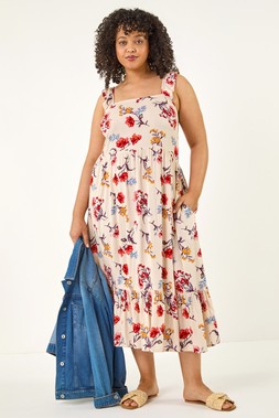 Roman Beige Curve Ditsy Floral Strap Midi Dress