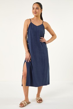 Roman Petite Navy Side Button Linen Mix Dress
