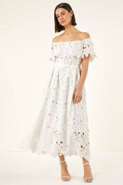 Roman Ivory Crochet Lace Bardot Midi Dress
