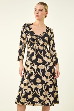 Roman Petite Black Floral Gathered Stretch Midi Dress