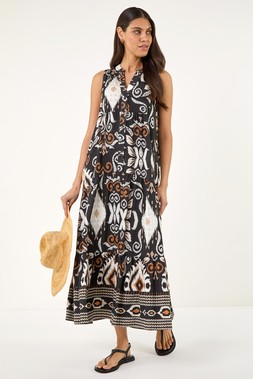 Roman Black Aztec Print Smocked Maxi Dress