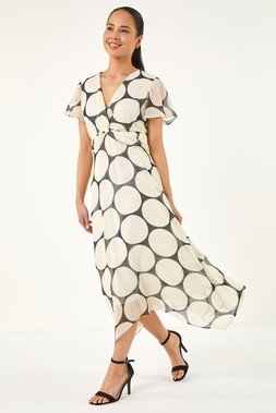 Roman Petite Black Spot Print Twist Front Dress