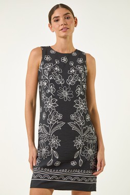 Roman Black Floral Motif Shift Dress