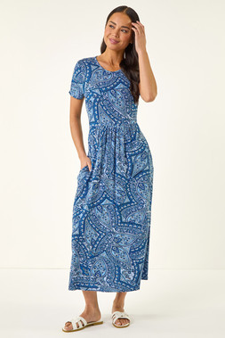 Roman Petite Paisley Print Gathered Midi Dress