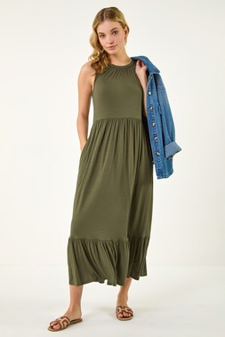 Dusk Khaki Tiered Stretch Midi Dress