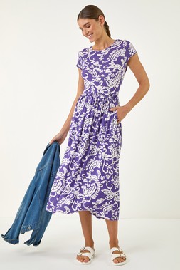 Roman Purple Abstract Print Pocket Midi Dress