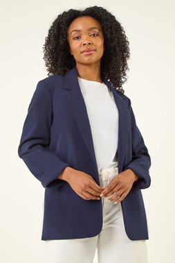 Roman Petite Navy Revere Collar Stretch Blazer