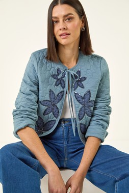 Roman Denim Sequin Embellished Quilted Jacket