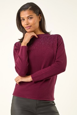 Roman Bordeaux Diamante Long Sleeve Jumper