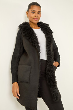 Roman Black Longline Faux Shearling Knit Coatigan
