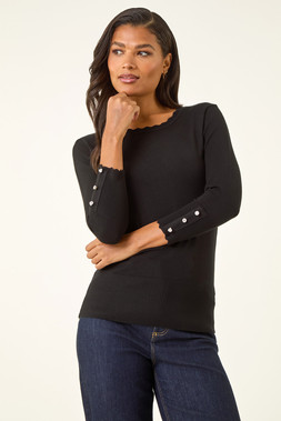 Roman Black Sparkly Diamante Button Scallop Edge Jumper