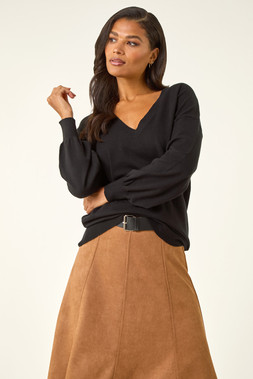 Roman Black Plain Stretch V-Neck Longline Jumper