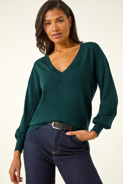Roman Dark Green Plain V-Neck Stretch Longline Jumper